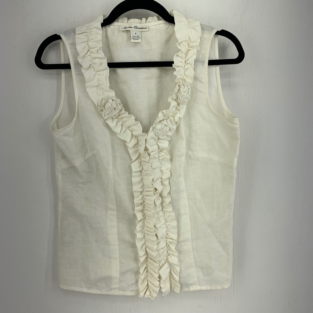 Marisa Christina Y2K Victorian Linen Ruffle Rosette Romantic Sleeveless Top